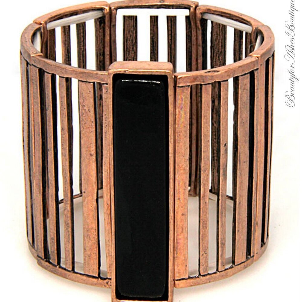 Wide Band Copper Metal with Black Rectangle Stone Giant Stretch Bracelet